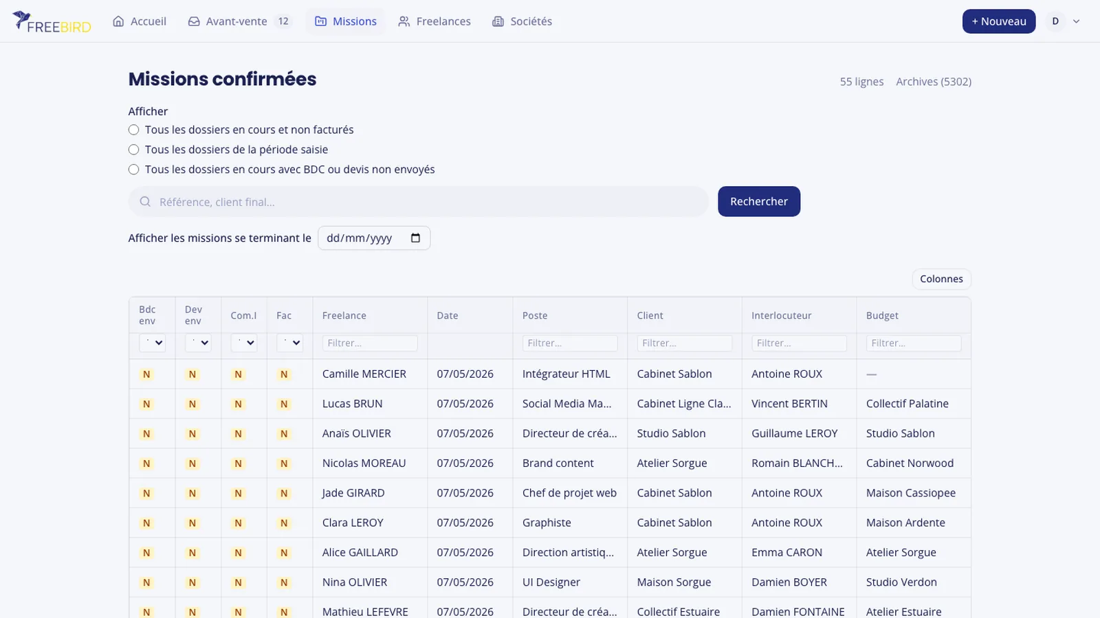 The Freebird missions grid: every confirmed mission in one table with freelance, role, client, agency contact and account.