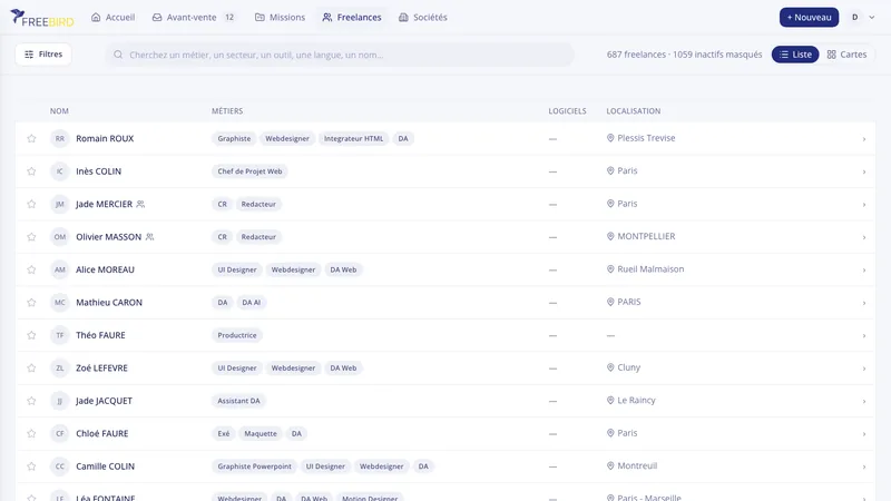 The Freebird platform's freelance roster, a filterable list of freelancers with faceted search.