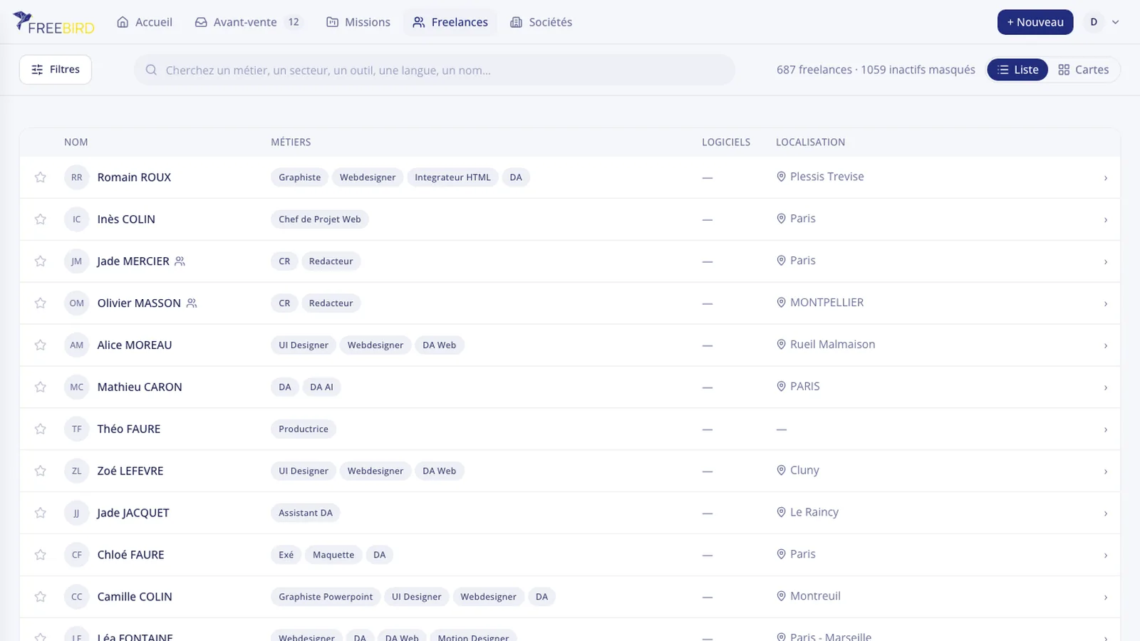 The Freebird platform's freelance roster: a filterable list of 687 freelancers with faceted search across role, software and location.
