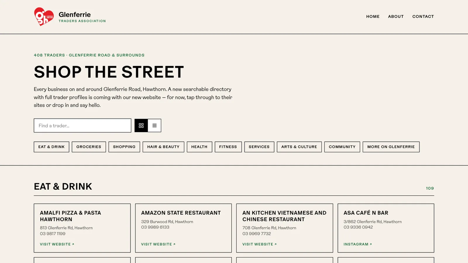 The Glenferrie Traders Association directory page, listing every trader on and around the strip in a browsable layout.