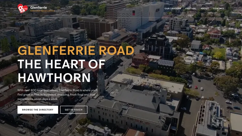 The rebuilt Glenferrie Traders Association homepage, with a Browse the Directory call to action over an aerial photograph of Glenferrie Road.