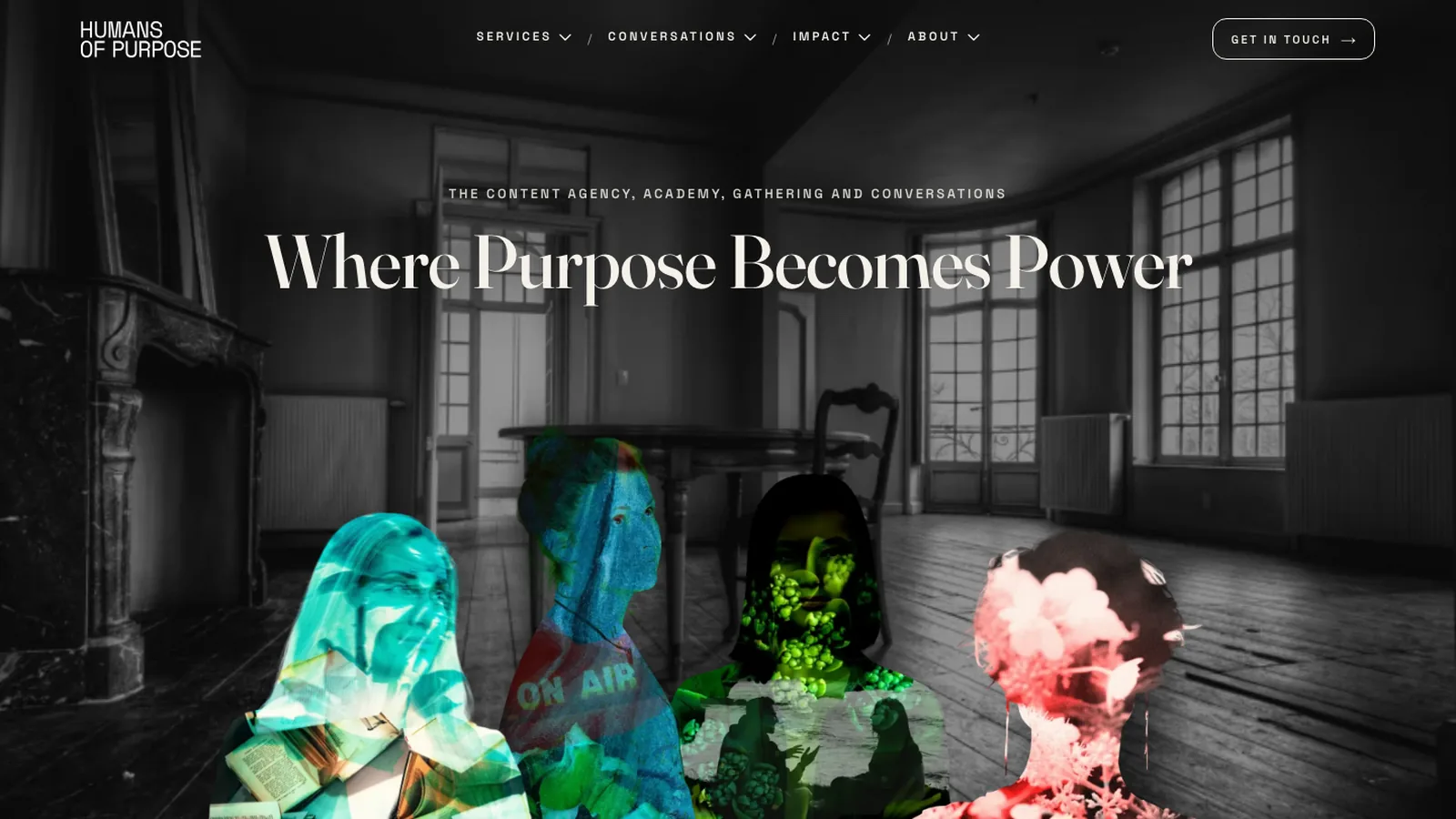 The rebuilt Humans of Purpose homepage: the headline Where Purpose Becomes Power over a duotone photographic collage.