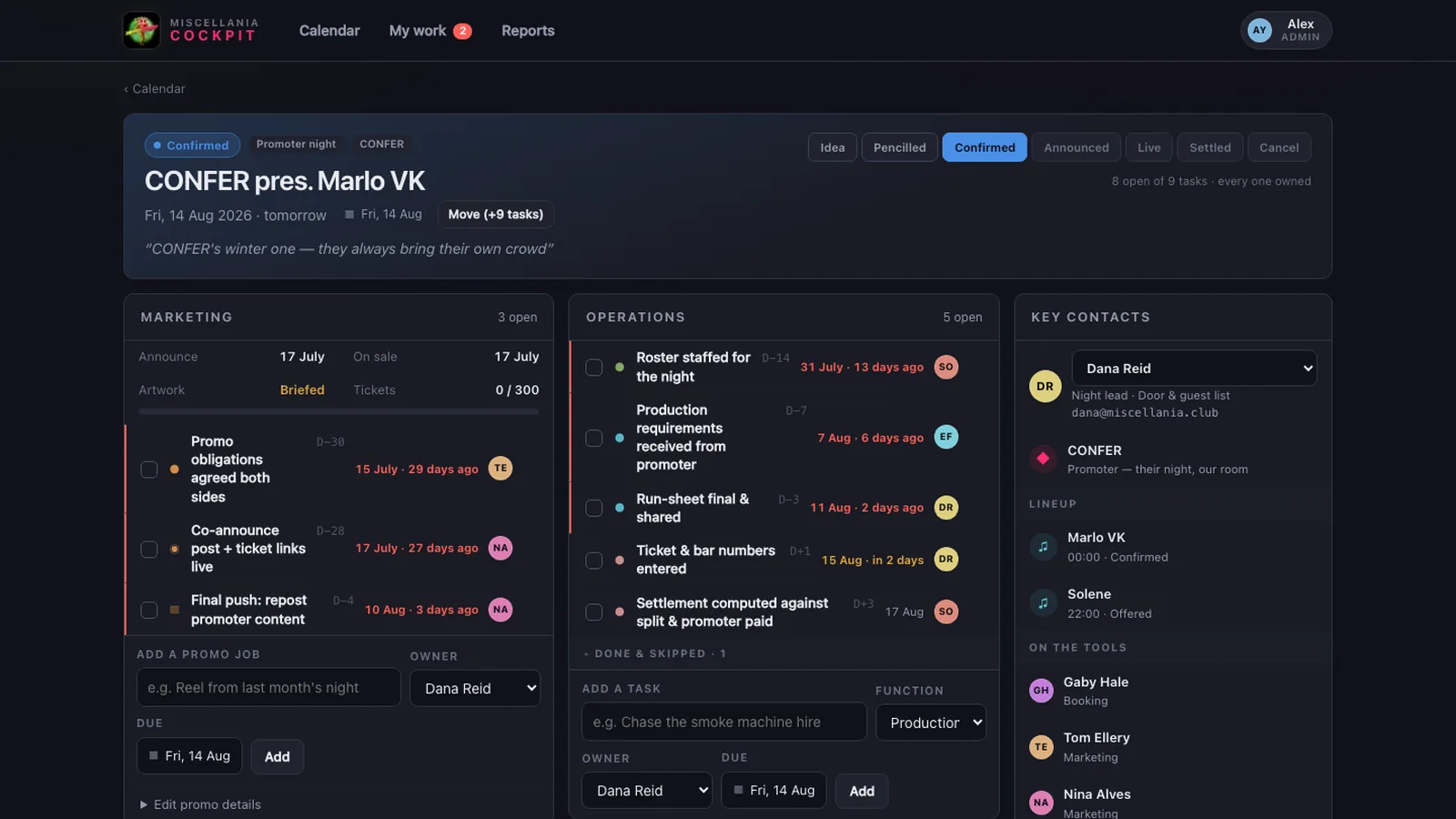 A single night in the Miscellania Cockpit: marketing and operations task lists, each task with a named owner and a due date, plus key contacts and line-up.