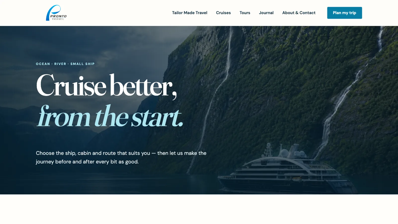 The new Pronto Travel cruises landing page, with a grid of cruise itineraries.