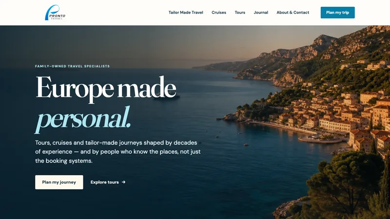 The rebuilt Pronto Travel homepage, headlined Europe made personal over a Mediterranean coastal photograph.