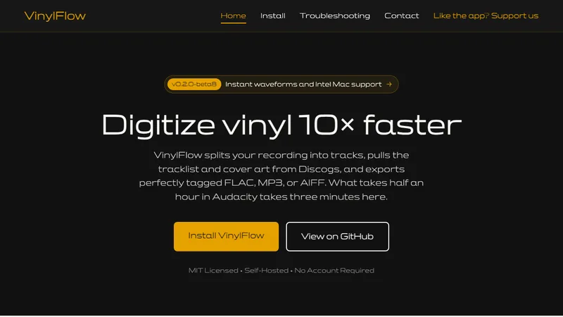 The VinylFlow homepage, headlined Digitize vinyl 10x faster, with Install and View on GitHub buttons.